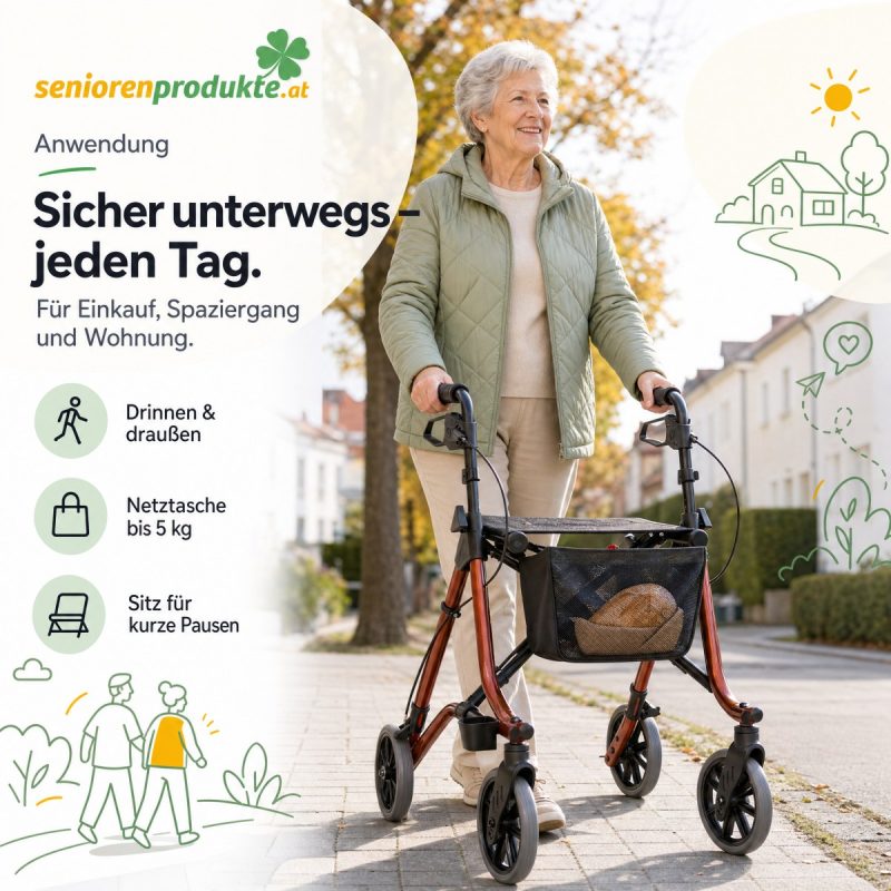 Ältere Dame geht mit dem Rollator Dietz TAiMA M auf einem Gehweg, Brot in der Netztasche