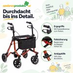 Infografik Rollator Dietz TAiMA M: Ergogriffe mit Feststellbremse, Faltsicherung mit rotem Knopf, Ankipphilfe