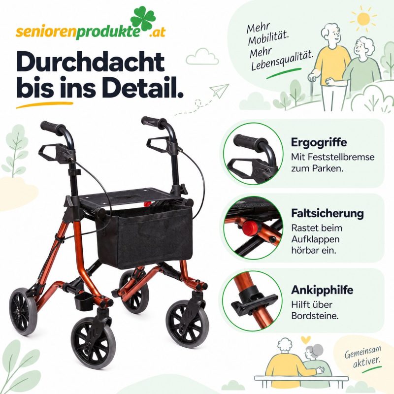 Infografik Rollator Dietz TAiMA M: Ergogriffe mit Feststellbremse, Faltsicherung mit rotem Knopf, Ankipphilfe
