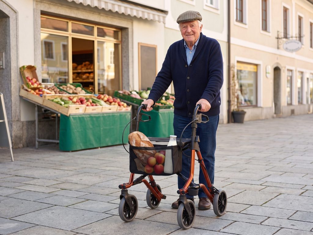 Älterer Herr mit Einkauf in der Netztasche des Rollators Dietz TAiMA M vor einer Bäckerei