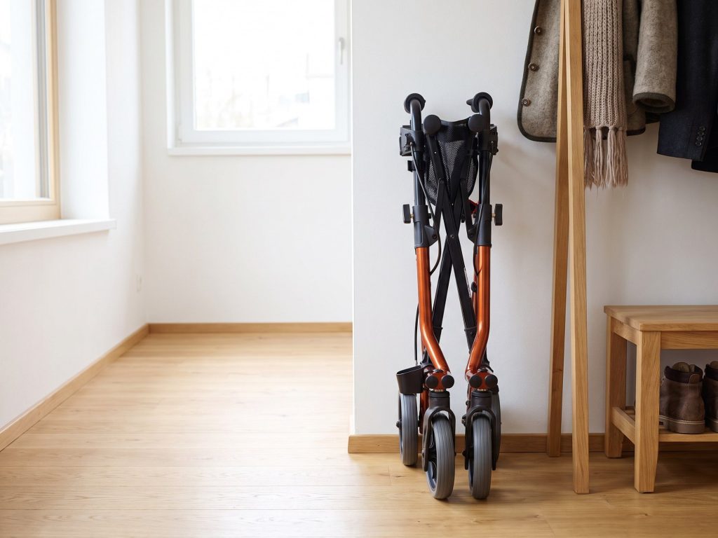 Gefalteter Rollator Dietz TAiMA M steht von selbst neben der Garderobe im Vorzimmer