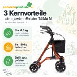 Infografik Rollator Dietz TAiMA M: nur 6,5 kg, bis 150 kg belastbar inklusive Zuladung, steht auch gefaltet