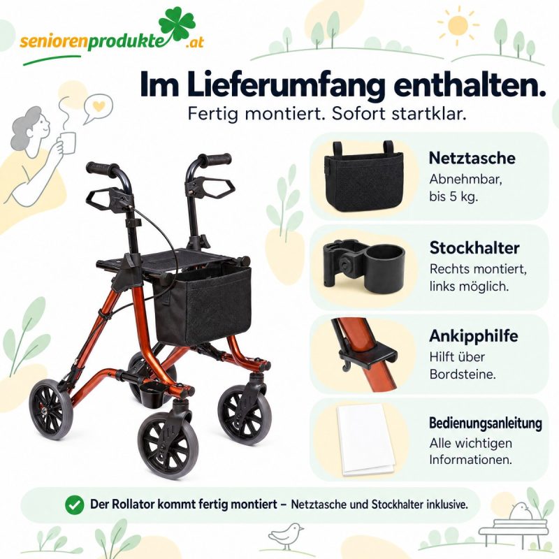 Lieferumfang Rollator Dietz TAiMA M: fertig montiert mit Netztasche, Stockhalter, Ankipphilfe und Bedienungsanleitung