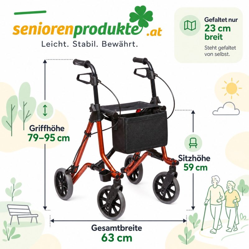 Maße Rollator Dietz TAiMA M: Griffhöhe 79–95 cm, Sitzhöhe 59 cm, Gesamtbreite 63 cm, gefaltet 23 cm breit