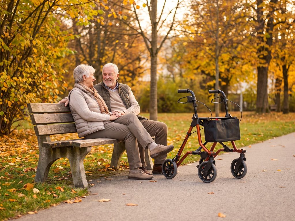Älteres Paar auf einer Parkbank, daneben steht der Rollator Dietz TAiMA M