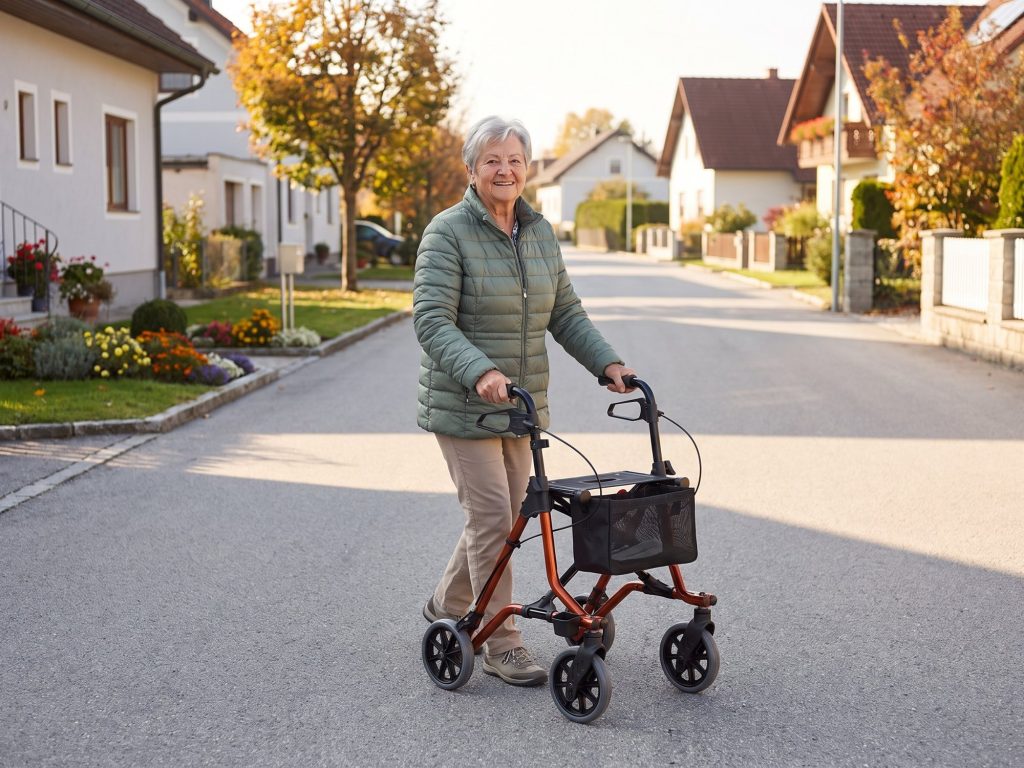 Ältere Dame geht mit dem Rollator Dietz TAiMA M auf einem Gehweg in einer ruhigen Wohnstraße