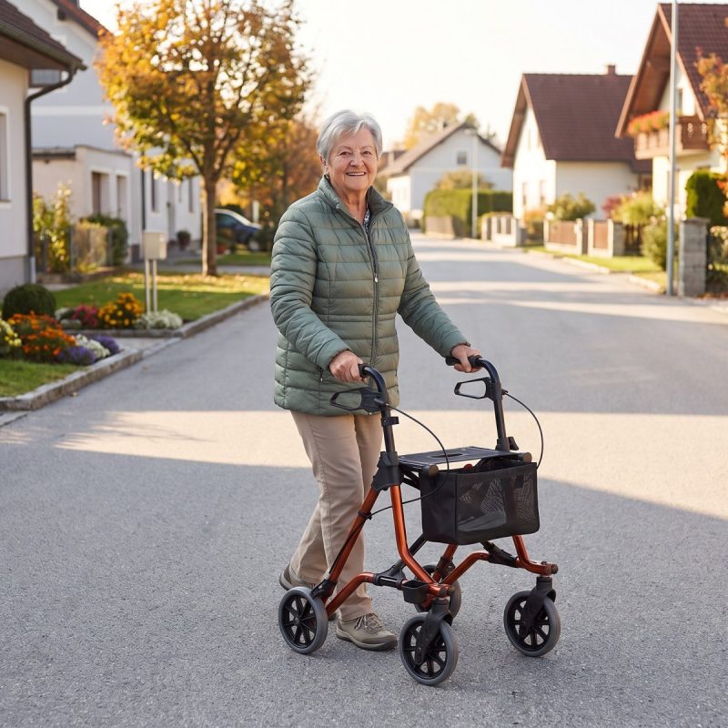 Ältere Dame mit dem Rollator Dietz TAiMA M in einer Wohnstraße