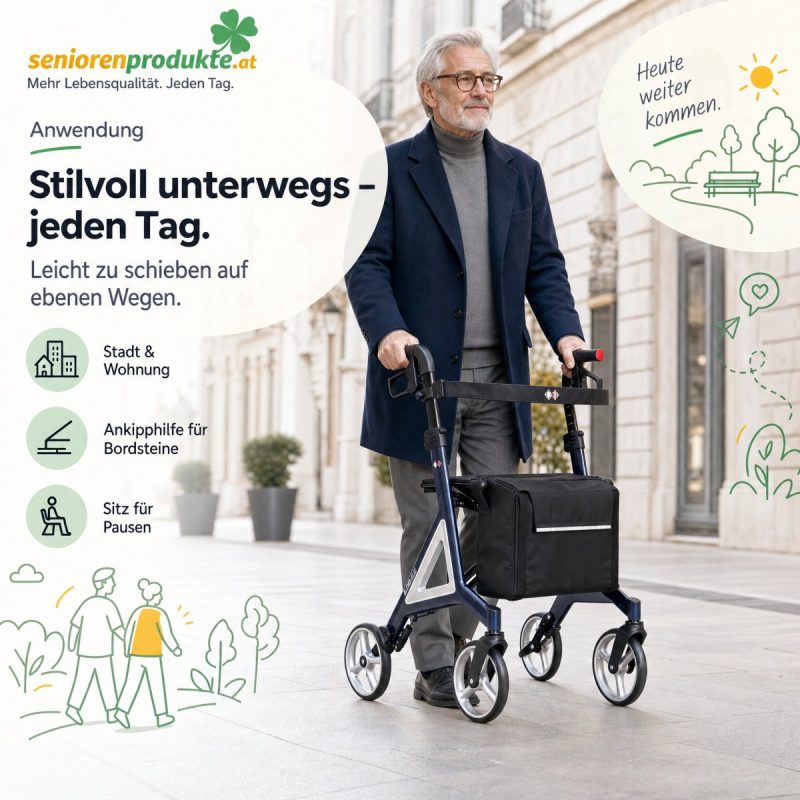 Eleganter älterer Herr schiebt den Rollator Alevo Alu in Nachtblau durch eine Fußgängerzone