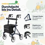 Infografik Rollator Alevo Alu: Triangel-Flanke mit Reflektor, Bügelbremse mit Feststellfunktion, Doppelkreuzstrebe