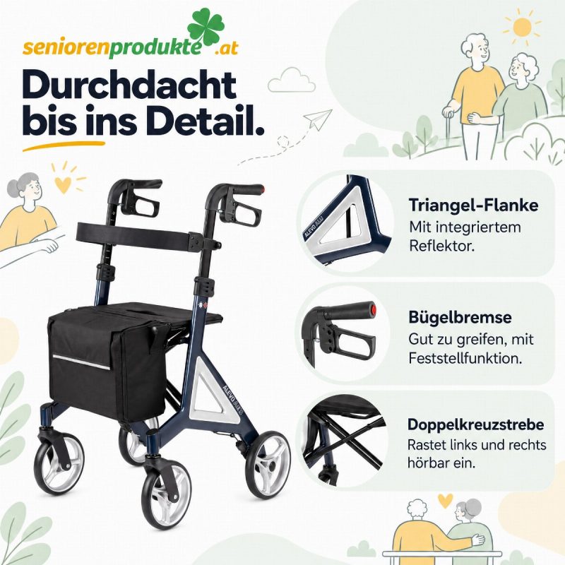 Infografik Rollator Alevo Alu: Triangel-Flanke mit Reflektor, Bügelbremse mit Feststellfunktion, Doppelkreuzstrebe