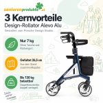 Infografik Rollator Alevo Alu in Nachtblau: nur 7 kg, gefaltet 26,5 cm, bis 130 kg belastbar, gestaltet vom Porsche Design Studio