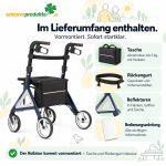 Lieferumfang Rollator Alevo Alu: vormontiert mit Tasche, Rückengurt, Reflektoren und Bedienungsanleitung