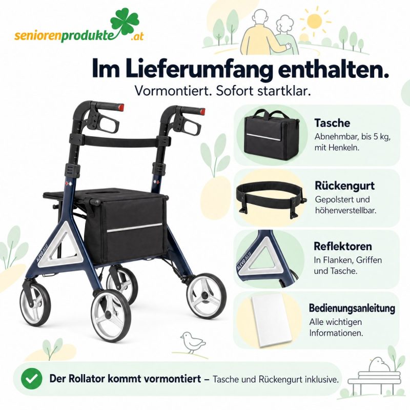 Lieferumfang Rollator Alevo Alu: vormontiert mit Tasche, Rückengurt, Reflektoren und Bedienungsanleitung