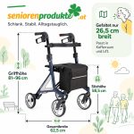 Maße Rollator Alevo Alu: Griffhöhe 81–96 cm, Sitzhöhe 58,5 cm, Gesamtbreite 62,5 cm, gefaltet 26,5 cm breit