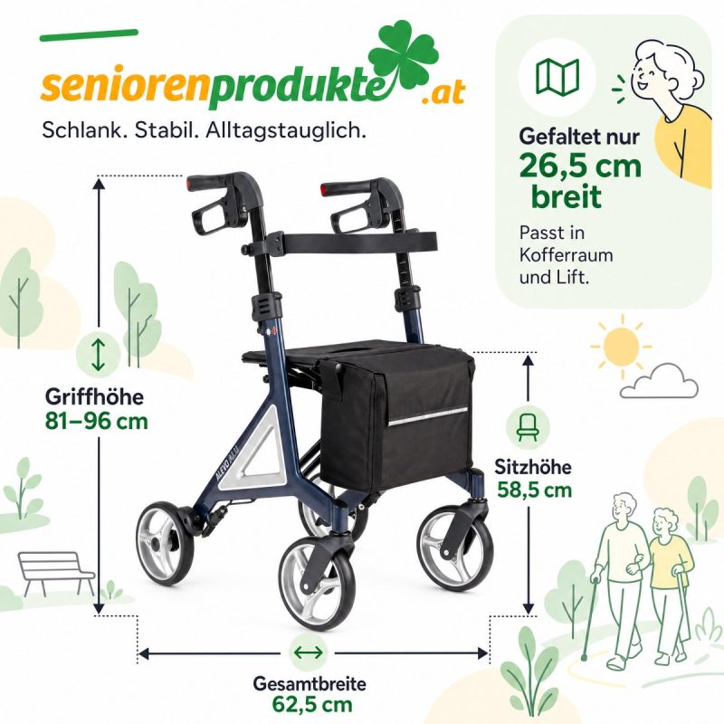 Maße Rollator Alevo Alu: Griffhöhe 81–96 cm, Sitzhöhe 58,5 cm, Gesamtbreite 62,5 cm, gefaltet 26,5 cm breit