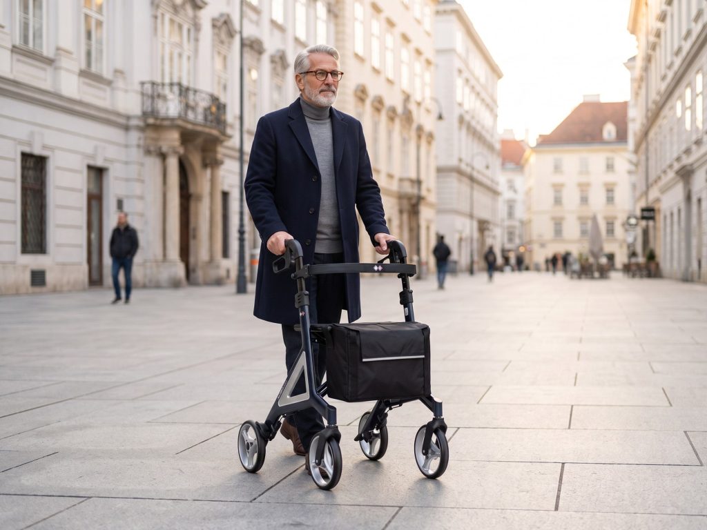 Älterer Herr im Mantel geht mit dem Rollator Alevo Alu in Nachtblau durch eine Fußgängerzone