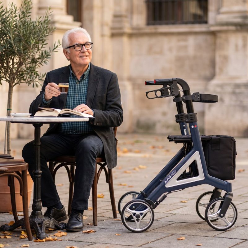 Älterer Herr im Straßencafé mit dem geparkten Rollator Alevo Alu in Nachtblau
