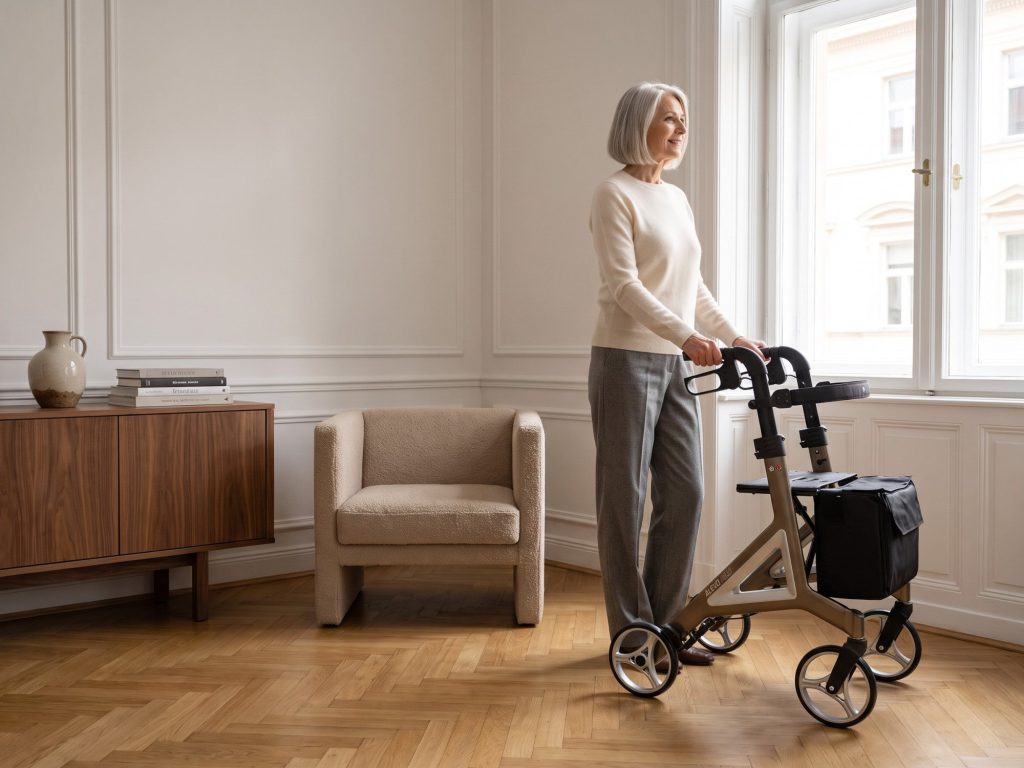 Dame steht in einer eleganten Altbauwohnung am Fenster, beide Hände am Rollator Alevo Alu in Platin