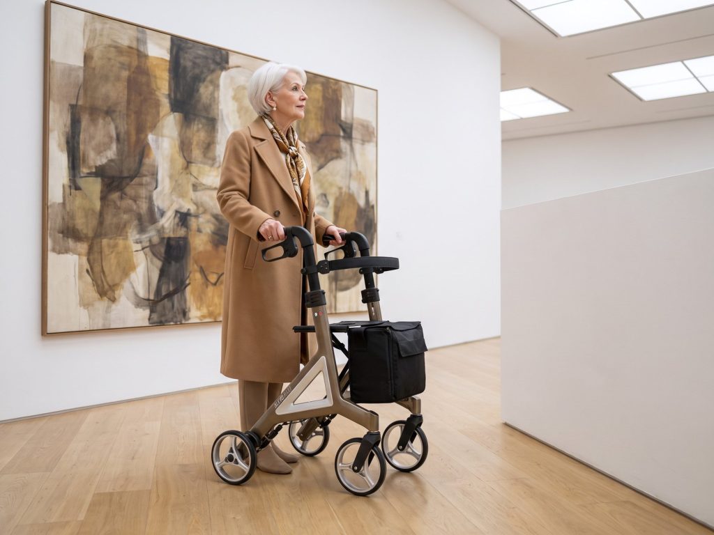 Elegante ältere Dame mit dem Rollator Alevo Alu in Platin in einer hellen Kunstgalerie