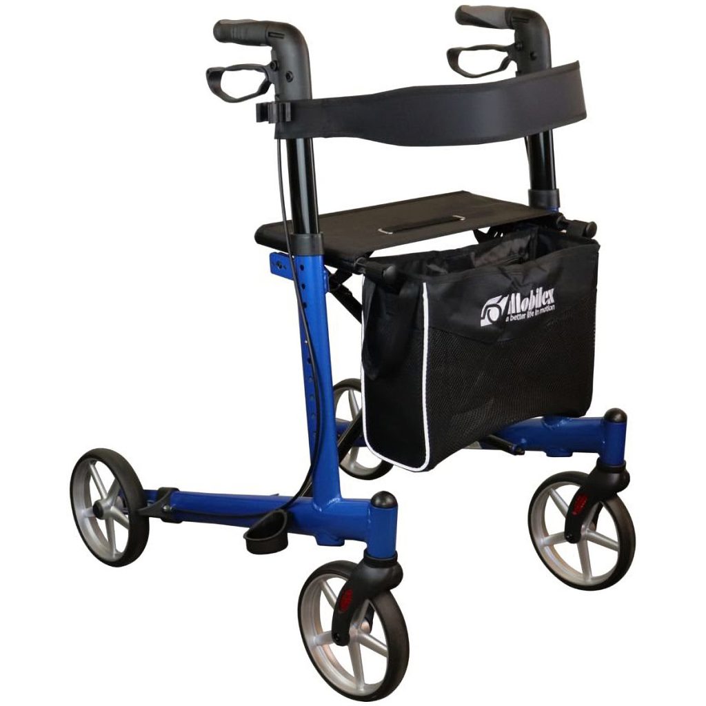 Rollator Mobilex Panther Small in Blau mit Sitz, Rückengurt, Tasche und Stockhalter
