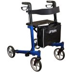 Der Leichtgewichtsrollator Mobilex Panther hat einen blauen Aluminiumrahmen