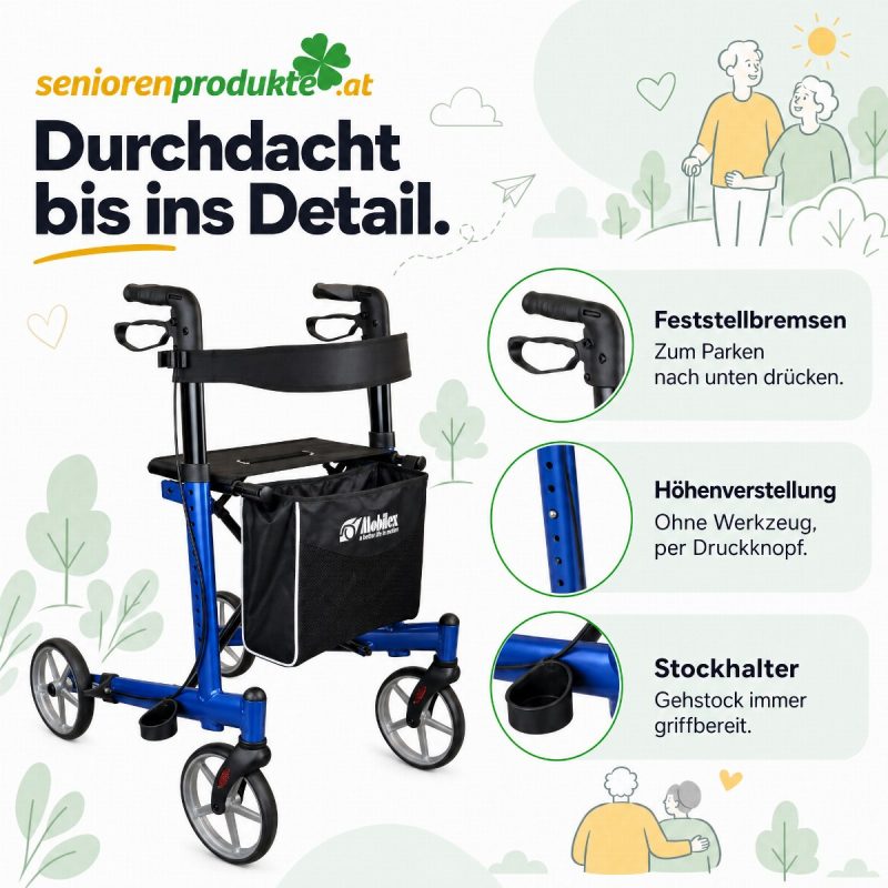 Details des Rollators Mobilex Panther Small: Feststellbremsen, Höhenverstellung ohne Werkzeug per Druckknopf, Stockhalter