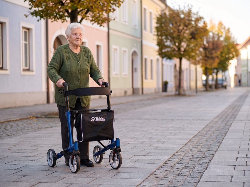 Ältere Frau geht mit dem Rollator Mobilex Panther auf einem breiten Gehweg in einer Altstadtstraße