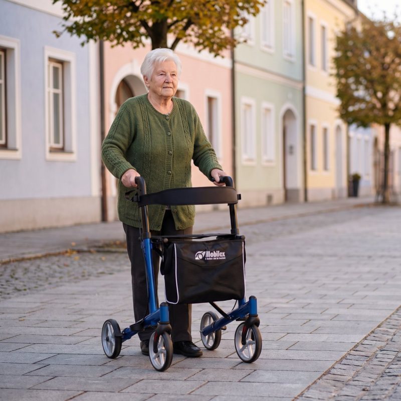 Ältere Frau mit dem Rollator Mobilex Panther Small auf einem Gehweg in der Altstadt