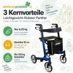 Rollator Mobilex Panther Small: 3 Kernvorteile – nur 6,25 kg, Sitzhöhe 55 cm für 140–187 cm Körpergröße, bis 150 kg belastbar