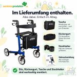 Lieferumfang Rollator Mobilex Panther Small: Tasche, Rückengurt, Stockhalter und Gebrauchsanleitung – werkseitig montiert