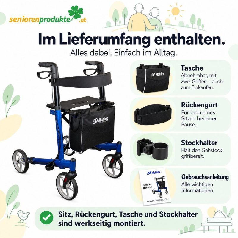 Lieferumfang Rollator Mobilex Panther Small: Tasche, Rückengurt, Stockhalter und Gebrauchsanleitung – werkseitig montiert