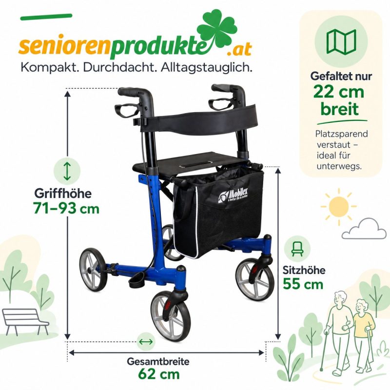 Maße des Rollators Mobilex Panther Small: Griffhöhe 71–93 cm, Sitzhöhe 55 cm, Gesamtbreite 62 cm, gefaltet 22 cm breit