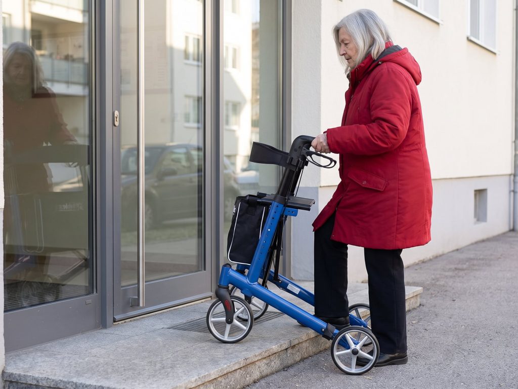 Ältere Frau rollt den Rollator Mobilex Panther über eine niedrige Stufe in einen Hauseingang