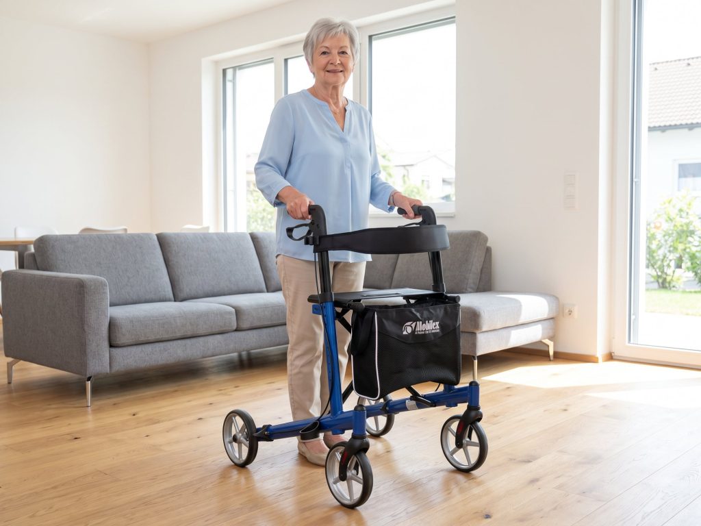 Zierliche ältere Frau steht aufrecht mit dem blauen Rollator Mobilex Panther Small im Wohnzimmer, die Griffe auf Höhe ihrer Handgelenke