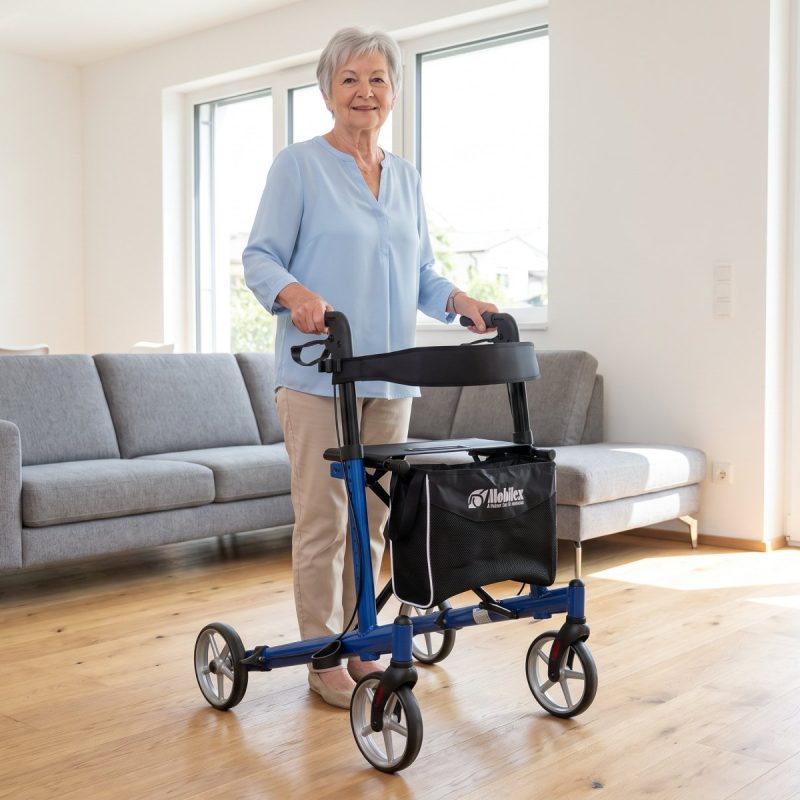Ältere Frau mit dem Rollator Mobilex Panther Small im Wohnzimmer