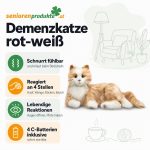 Infografik: Demenzkatze rot-weiß schnurrt fühlbar, reagiert an 4 Stellen, öffnet die Augen und hebt die Pfote, 4 C-Batterien inklusive