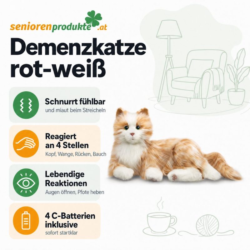 Infografik: Demenzkatze rot-weiß schnurrt fühlbar, reagiert an 4 Stellen, öffnet die Augen und hebt die Pfote, 4 C-Batterien inklusive