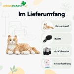 Infografik Lieferumfang: Katze rot-weiß, Bürste, 4 C-Batterien, Gebrauchsanleitung