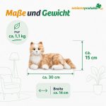 Infografik: Maße der Demenzkatze ca. 30 × 14 × 15 cm, Gewicht ca. 1,1 kg