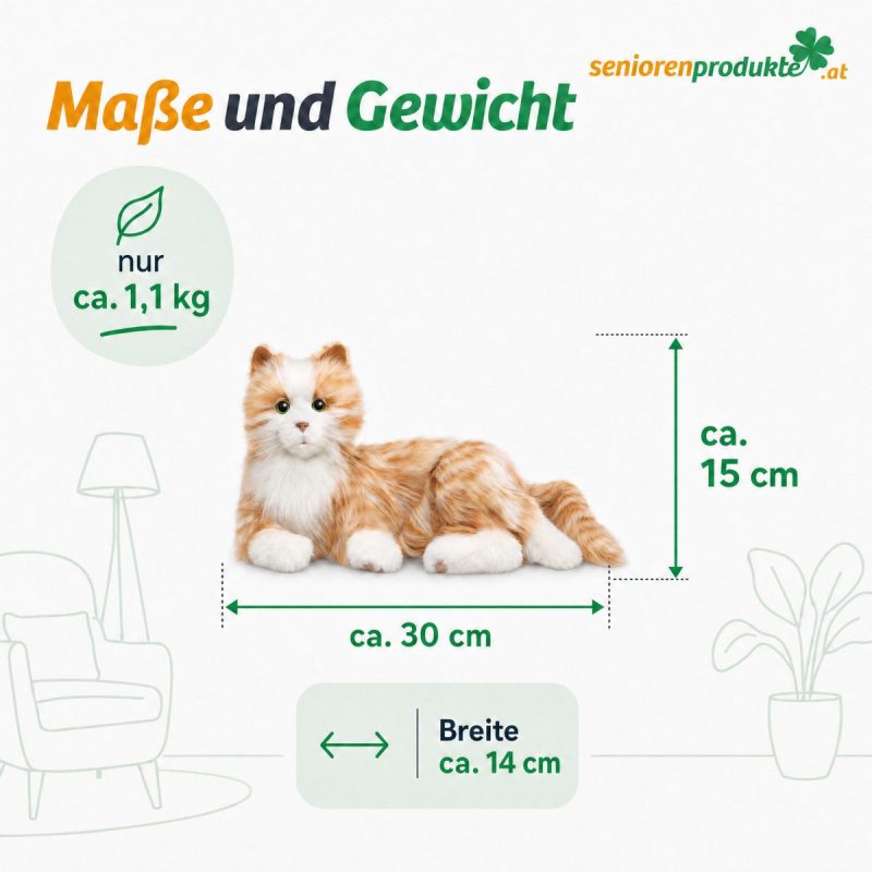 Infografik: Maße der Demenzkatze ca. 30 × 14 × 15 cm, Gewicht ca. 1,1 kg