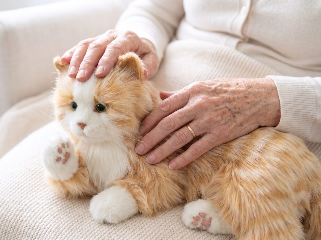 Ältere Hände mit Ehering streicheln die rot-weiß Joy-for-All-Katze, die eine Pfote hebt