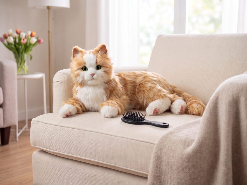 Die rot-weiß Joy-for-All-Katze liegt auf einem Sessel statt am Boden, daneben die beiliegende Bürste