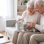 Ehepaar mit der grau-weiß Demenzkatze auf dem Sofa