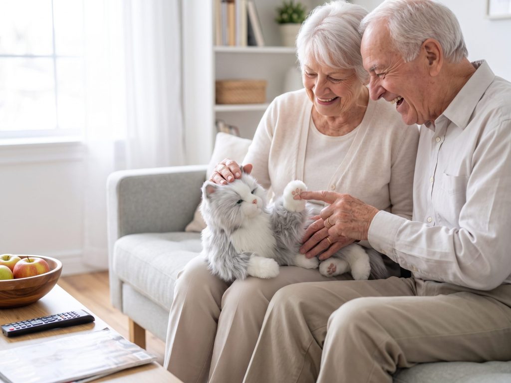 Ehepaar lacht auf dem Sofa, die grau-weiß Joy-for-All-Katze liegt auf ihrem Schoß und hebt die Pfote
