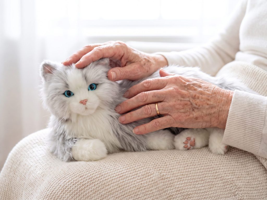 Ältere Hände mit Ehering streicheln die grau-weiß Joy-for-All-Katze auf dem Schoß