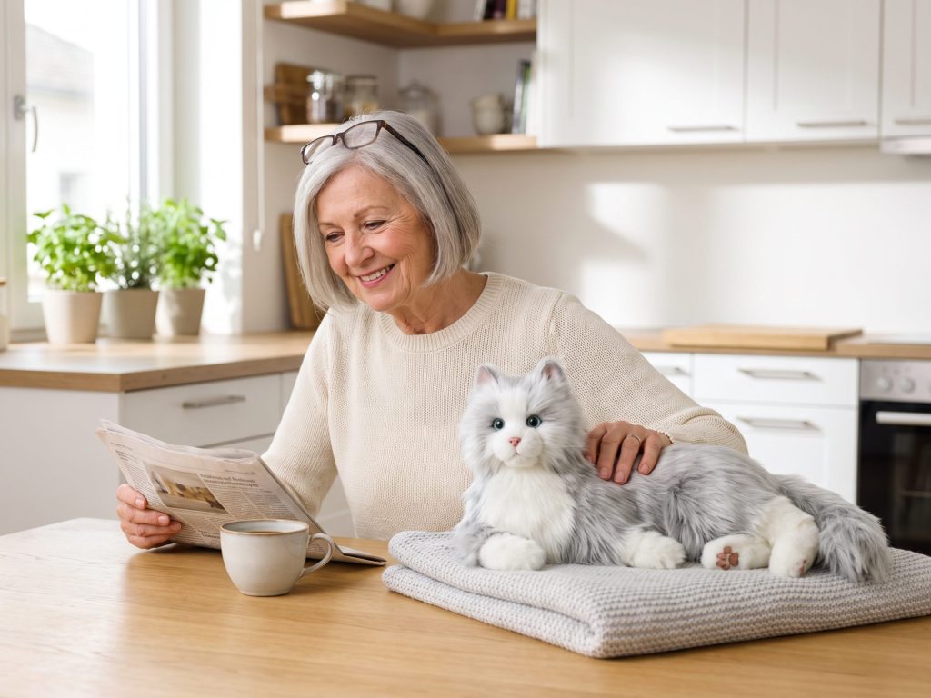 Seniorin am Küchentisch streichelt die grau-weiß Demenzkatze neben Kaffeetasse und Zeitung