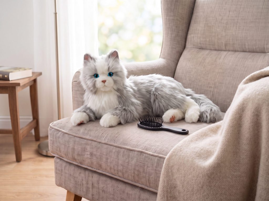 Die grau-weiß Joy-for-All-Katze liegt auf einem Sessel statt am Boden, daneben die beiliegende Bürste
