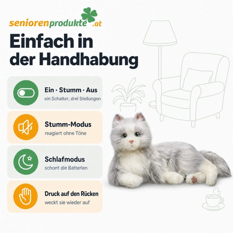 Infografik: Schalter Ein, Stumm, Aus, Stumm-Modus, Schlafmodus, Druck auf den Rücken weckt die Katze