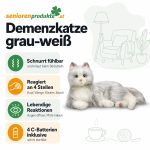 Infografik: Demenzkatze grau-weiß schnurrt fühlbar, reagiert an 4 Stellen, öffnet die Augen und hebt die Pfote, 4 C-Batterien inklusive