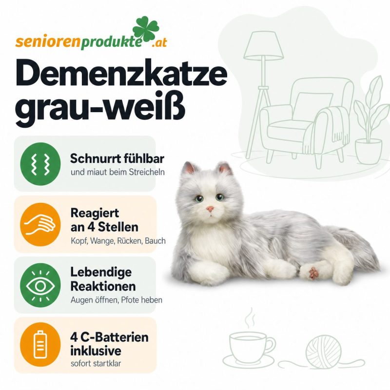 Infografik: Demenzkatze grau-weiß schnurrt fühlbar, reagiert an 4 Stellen, öffnet die Augen und hebt die Pfote, 4 C-Batterien inklusive